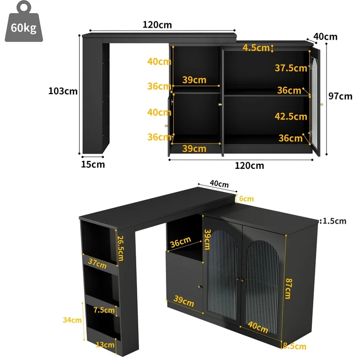 ZUBALIYA Drehbarer Bartisch 120 x 40 cm, mit Stauraum, mit Glastüren, MDF, Schwarz – Bild 7