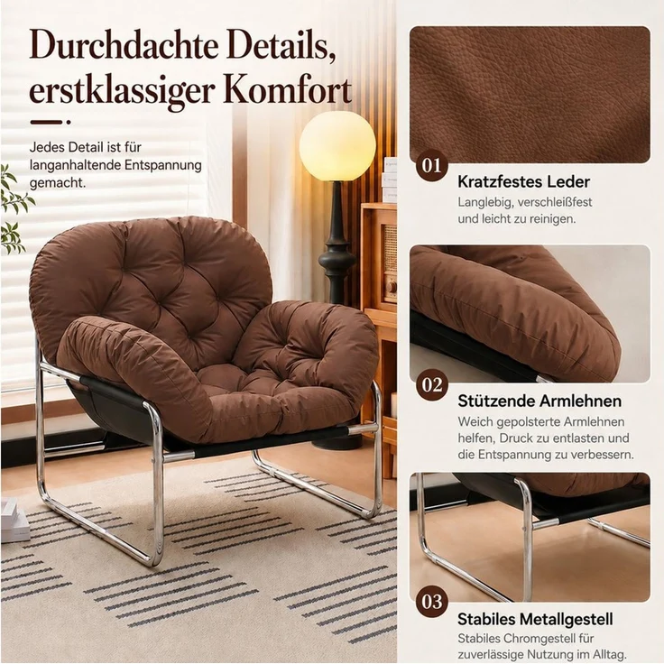 PEALOV Relaxsessel mit Armlehnen, Loungesessel aus Kunstleder mit Metallgestell, Weiß (1-St), für Wohnzimmer und Büro, 79,5 x 74 x 66 cm – Bild 4