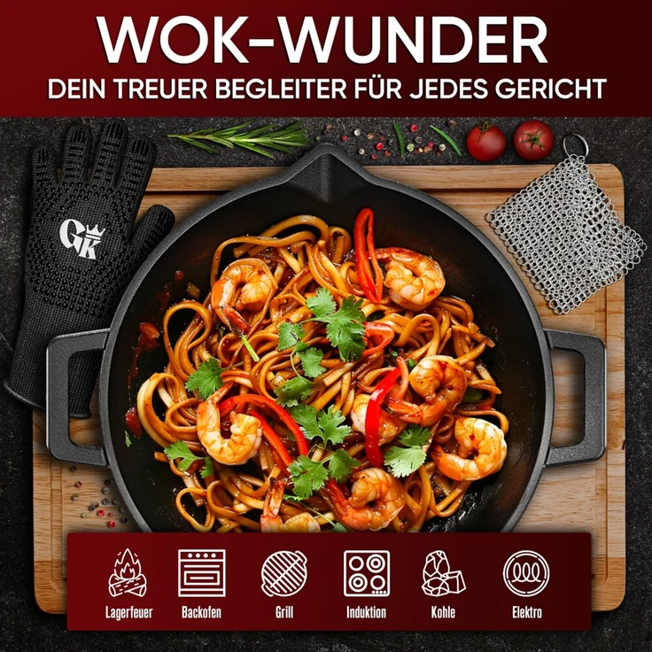 Gusseisen-Wok 35 cm massiv mit Ringreiniger 4 kg für Grill Herd & Feuerstelle robust & langlebig – Bild 8