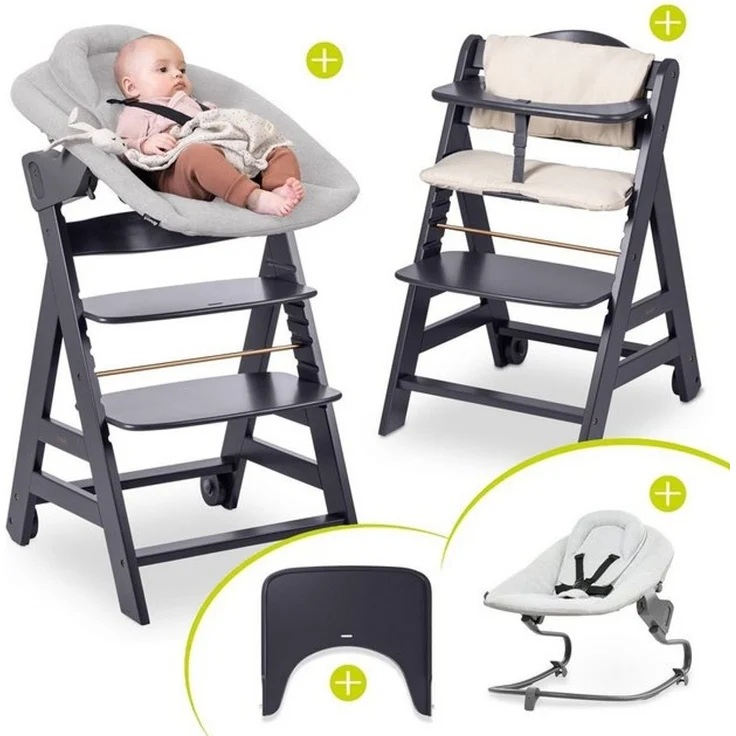 Hauck Hochstuhl Beta Plus Dark Grey - Newborn Set Premium (Set), Babystuhl ab Geburt mit Neugeborenen Aufsatz, Sitzpolster & Essbrett – Bild 4