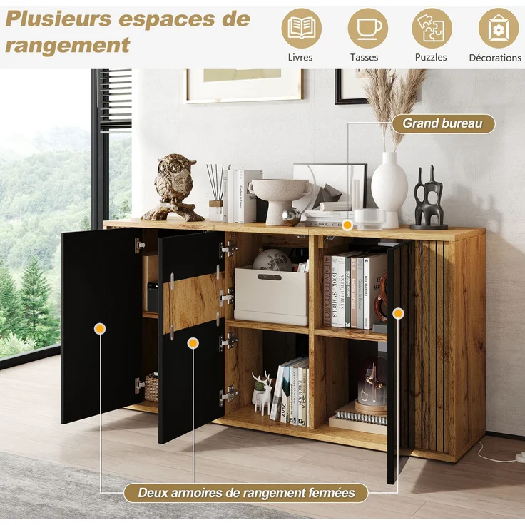 ZUBALIYA Sideboard 140x35x71 cm, mit 3 Türen, aus MDF / Spanplatte, Schwarz / Natur – Bild 9