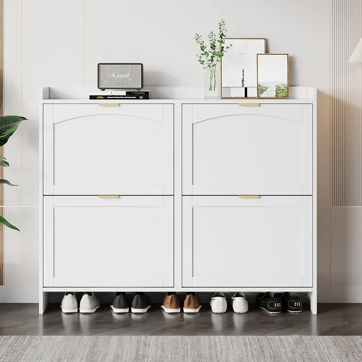 Merax Schuhschrank, mit 4 Klappenfächern, freistehendem Schuhregal, offenen Ablageflächen, geeignet für Eingangsbereich oder Flur, Weiß – Bild 2