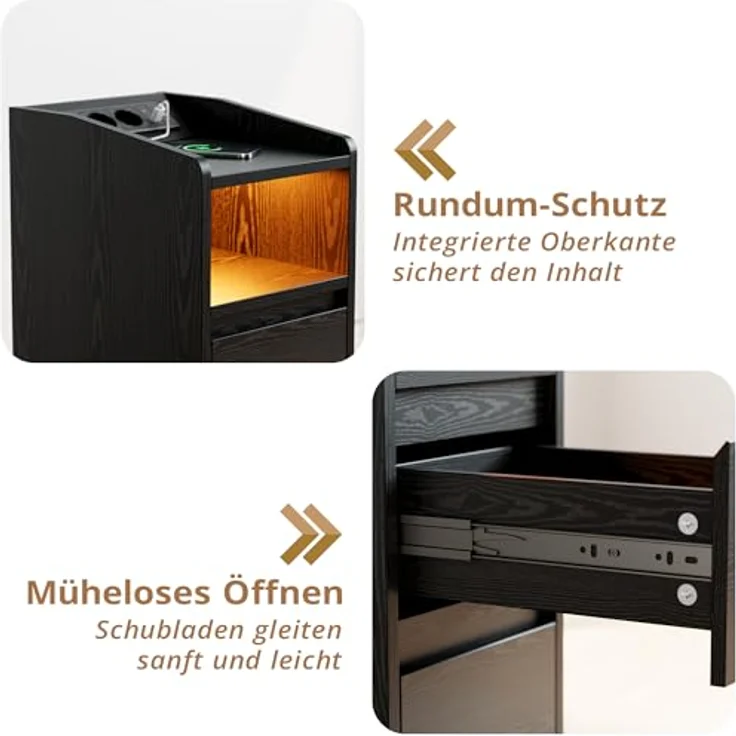 IRONCK Nachttisch Schmal, Beistelltisch mit Ladestation und LED, Schwarz | Bedside Table mit Offenem Fach für Schmale Räume Schlafzimmer, Wohnzimmer, 2 Schubladen,2 AC-Steckdosen,USB+Typ-C Anschlusse – Bild 8