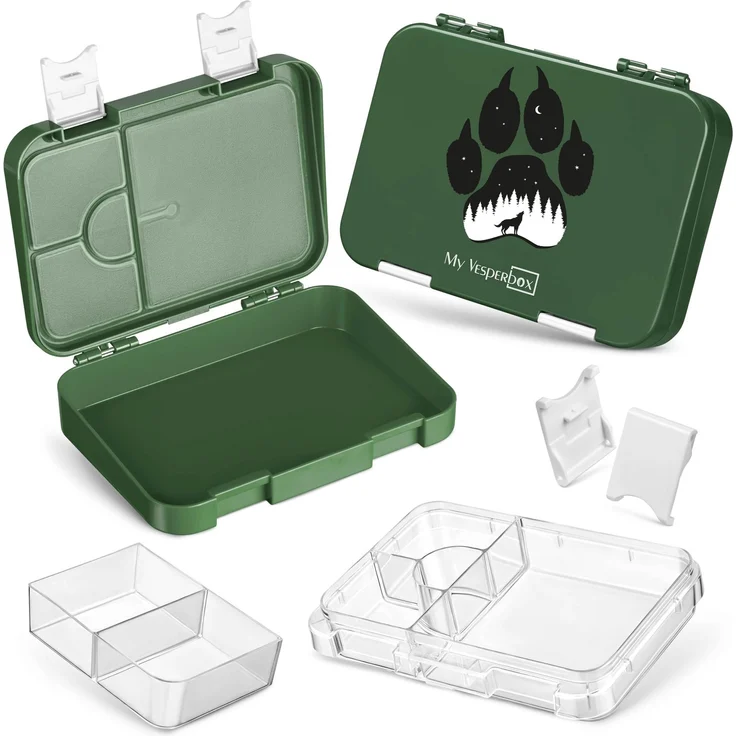 My Vesperbox – Len - Bento Box Kinder - Lunchbox mit 4+2 Fächern - extrem robust – Brotdose – Brotbox ideal für Kindergarten und Schule (Dunkelgrün Fuchs)