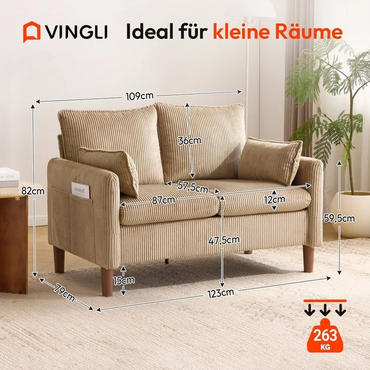 VINGLI Sofa klein 2-Sitzer, 125cm Couch aus Cord, stabiler Konstruktion, vielseitig für Wohnzimmer/Wohnung/Büro – Bild 2