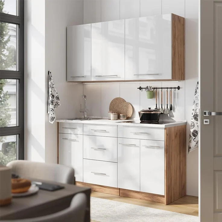 Singleküche Fame-Line Weiß Hochglanz/Goldkraft Eiche 150 cm, AP Eiche Vicco – Bild 2