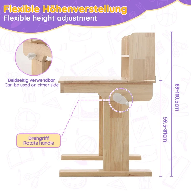 TavilaEcon Kindertisch Höhenverstellbarer Massivholz-Multifunktionsschreibtisch für Kinder natur 89–110,5 × 60 × 92 cm (H × T × B) – Bild 7