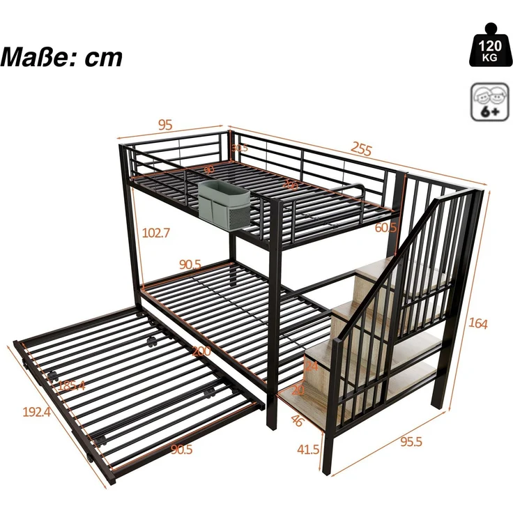 Etagenbett, 90x200cm/180x200cm, untere Liegefläche erweiterbar, Treppe mit Regal, Kinderbett mit Rausfallschutz, Metallbett – Bild 6