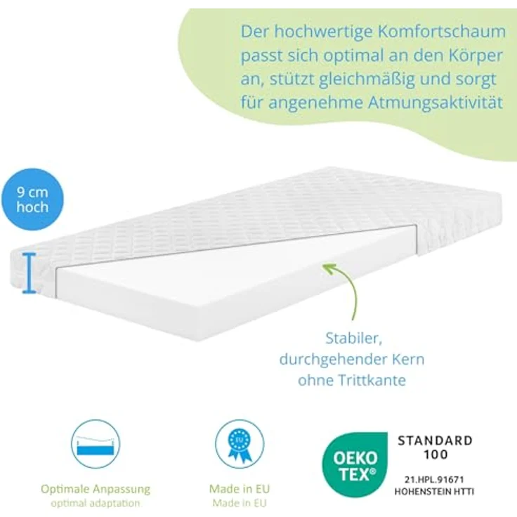 Bodyprotect Kindermatratze 80x160 cm, Komfortschaum Kinder & Baby Matratze, Babymatratze, Komfortschaummatratze 80x160 cm, Höhe ca. 9cm, Made in EU, Oeko-Tex, waschbar bis 95 Grad – Bild 2