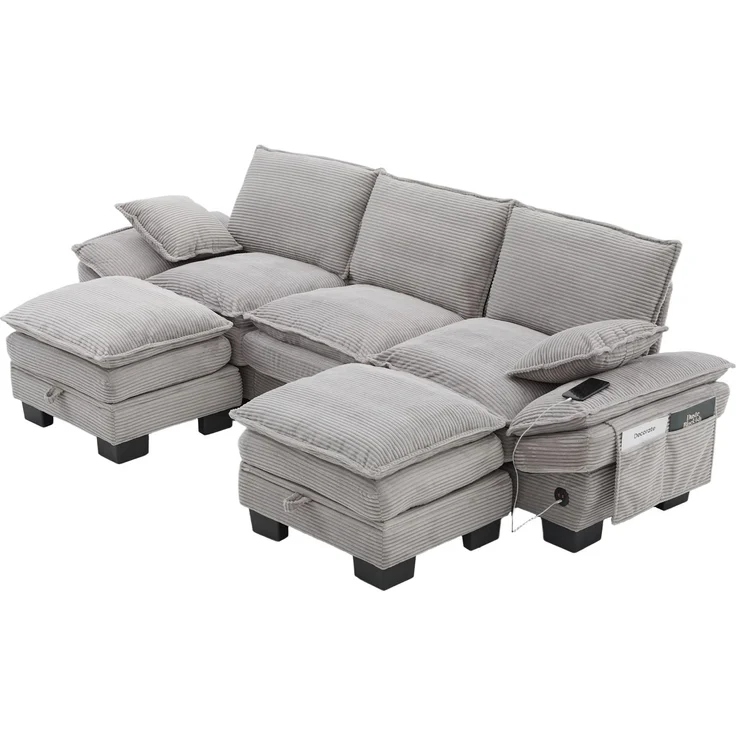 DESVIAE Sofa 3-Sitzer mit 2 Hockern, USB-C-Anschluss, Cord 260x84x132 cm Hellgrau – Bild 7