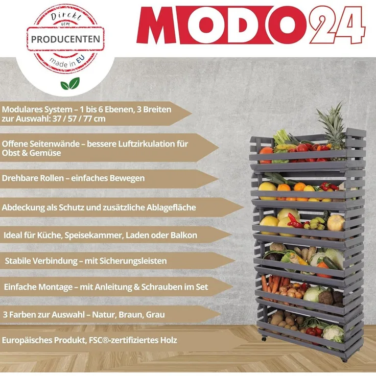 Modo24 Küchenregal Modular Holzregal für Gemüse Obst auf Rollen, Stapelbares Regalsystem, Kartoffelsteige, Küchenregal, Vorratsregal, Gemüseregal, 3 Farben