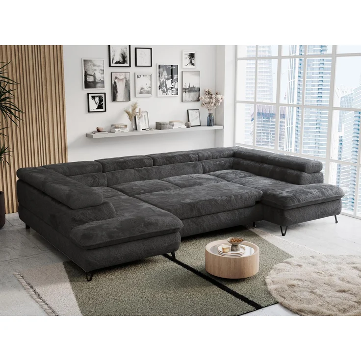 Ecksofa U-Form, mit Bettkasten, Bettfunktion und Einstellbare Kopfstützen, Sofa big XXL - PETER U - Dunkelgrau Plüsch – Bild 4