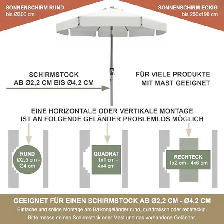Sonnenschirmhalter aus Edelstahl für Balkongeländer rund und eckig Schirmhalterung bis Sonnenschirm 300 cm Schirmständer Balkon stabile Bügel Halterung sichere Befestigung am Geländer – Bild 6