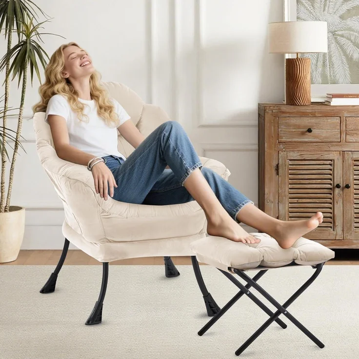 Sessel Ottomane Ohrensessel Lesesessel Fußhocker Beige – Bild 6