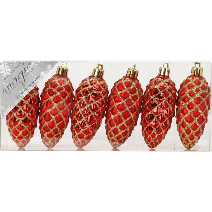 Holly & Jolly Christbaumschmuck, Christbaumschmuck Kunststoff Zapfen 9cm 6er Set - Rot – Bild 2