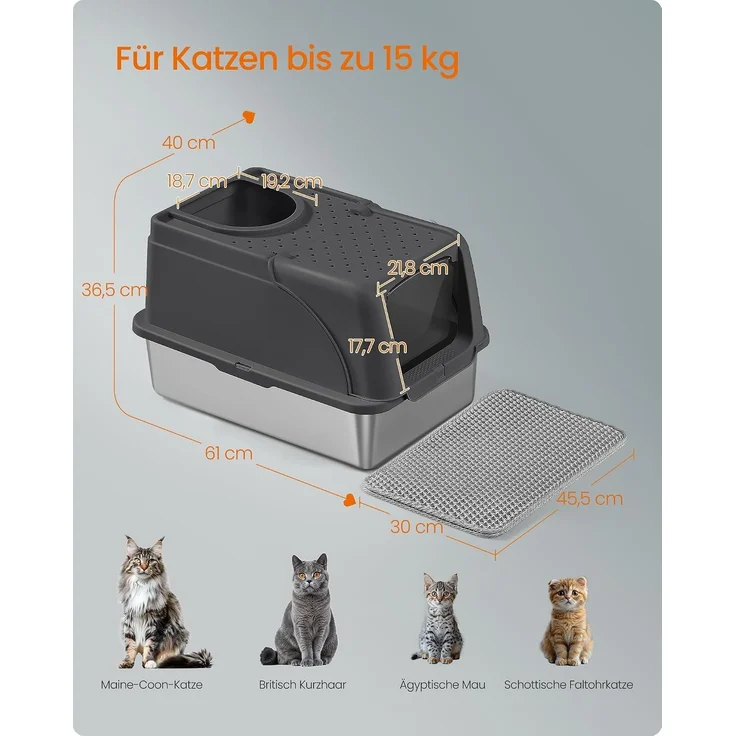 FEANDREA Katzenklo, Katzentoilette, Edelstahl, mit Deckel, Schaufel, Bürste, für Katzen bis 15 kg, schwarz – Bild 6