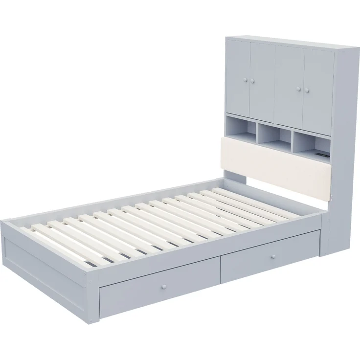 Multifunktionales Holzbett, 90 x 200 cm, mit gepolsterter Rückenlehne, Kopfteil mit Stauraum, Ablagefächern, LED-Beleuchtung und Steckdose, mit Schublade und Lattenrost, Einzelbett, Jugendbett, Grau – Bild 8