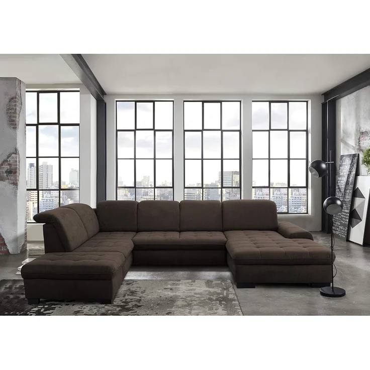 CAVADORE U-Form Lexi mit XXL-Longchair / Inkl. Bett, Bettkasten, Stauraum und Kopfteilfunktion / Leichte Fleckenentfernung dank Soft Clean / 329x82-99x224 / Flachgewebe: Braun – Bild 2