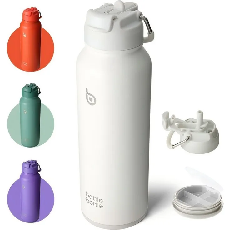 BOTTLE BOTTLE Trinkflasche Sport-Trinkflasche, Edelstahl, isoliert, mit Strohhalm und Pillenhalter, 1L