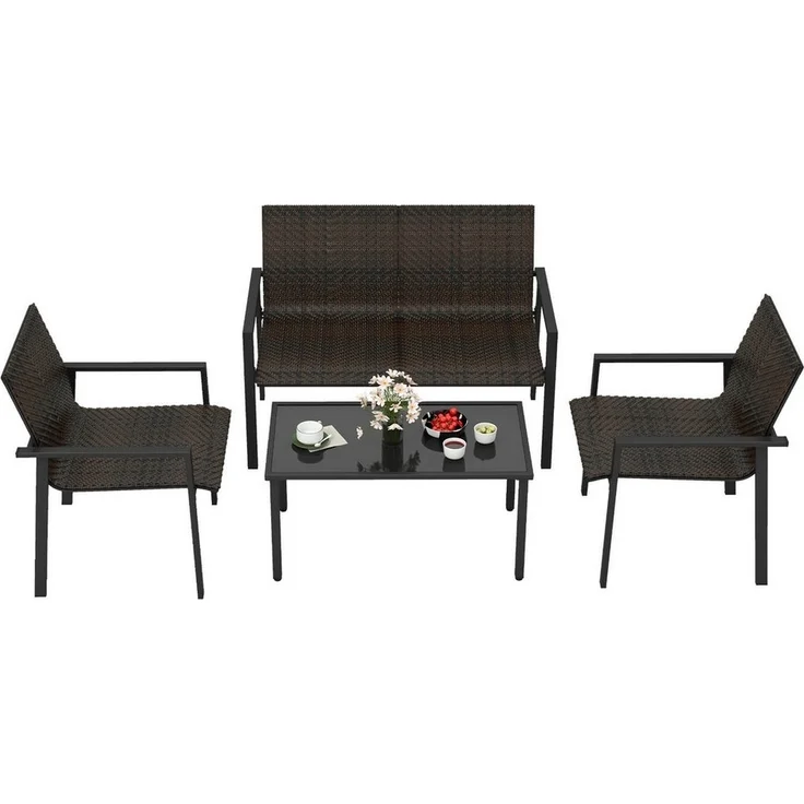 COSTWAY Gartenlounge-Set, (4-tlg), Balkonset PE Rattan, mit 2 Stühlen, Bank & Tisch – Bild 5