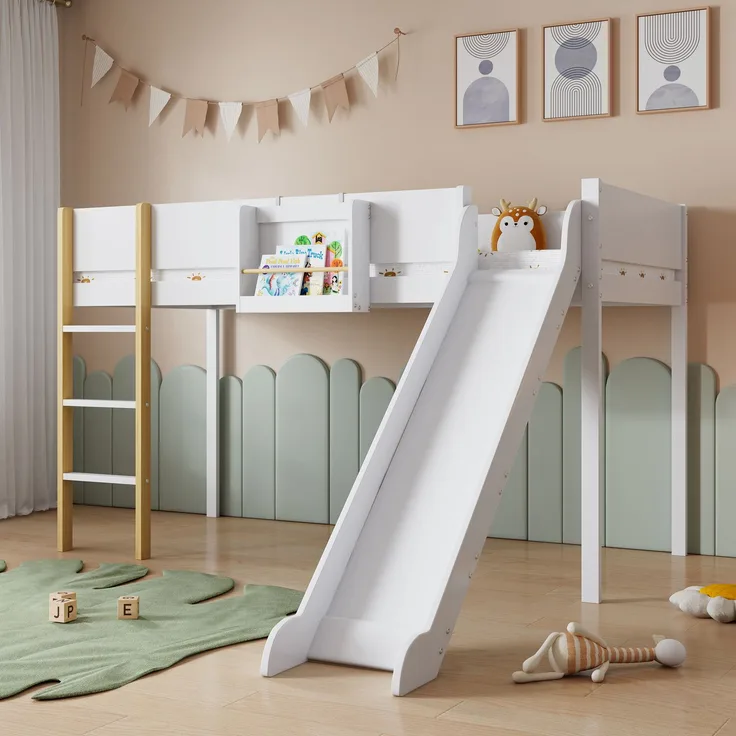 Hochbett Kinderbett 90x200 mit Rutsche, Leiter und Regal, aus Kiefer MDF, Etagenbett Jugendbett, weiß-natur