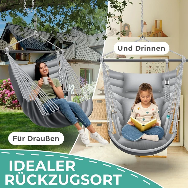 KESSER® 'Haiti' Hängesessel, 360° drehbar, UV-beständig & wasserfest, inkl. 2 Kissen, Tragetasche, Flaschenhalter & Montage-Set, grau/anthrazit, bis 150 kg belastbar – Bild 5