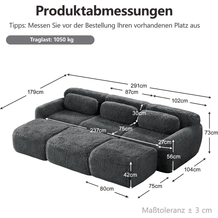 DESVIAE Sofa modular und rahmenlos aus Plüsch, Grau, 291 x 179 x 73 cm – Bild 10