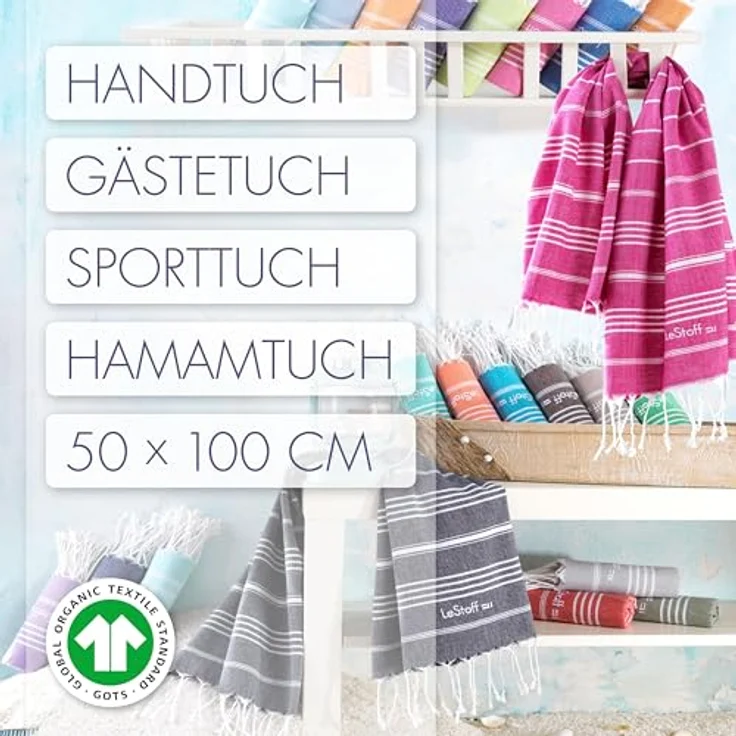 LeStoff Premium Hamamtuch 50 x 100 cm, 100% Bio-Baumwolle, schnelltrocknend, saugstaark, aquamarin – Bild 2