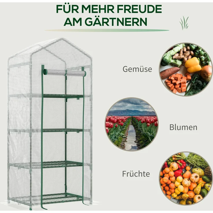 Outsunny Gewächshaus, PE, Metall, Weiß+Grün, 70L x 50B x 160H cm – Bild 7