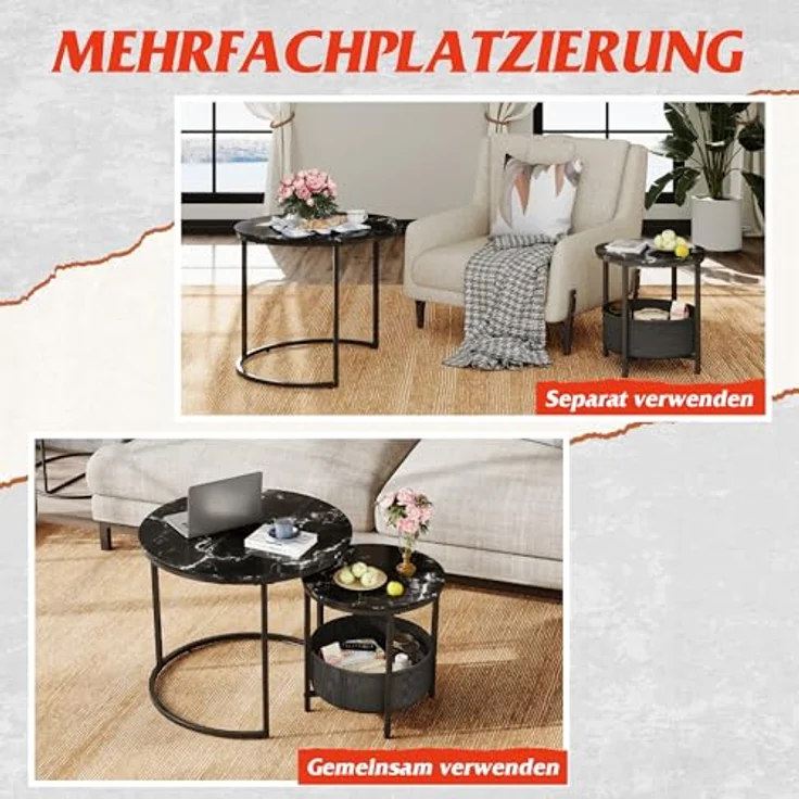 WLIVE Couchtisch 2er Set, Beistelltisch Rund mit Stauraum, Wohnzimmertisch Holz mit Metallrahmen, Sofatisch für Wohnzimmer Schlafzimmer, (Marmor Schwarz, 60 cm und 40 cm Durchmesser) – Bild 6