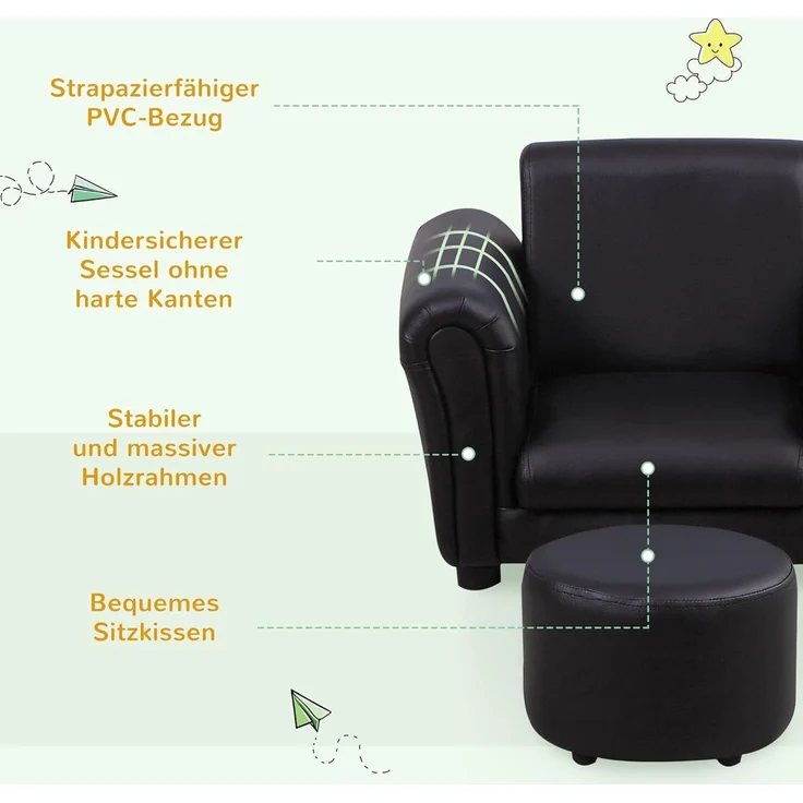 HOMCOM Kindersessel mit Fußhocker Kindercouch Kindersofa Minisofa für 1,5-3 Jahre Kinder Kindermöbel Holz Schwarz 54 x 42 x 41 cm – Bild 5