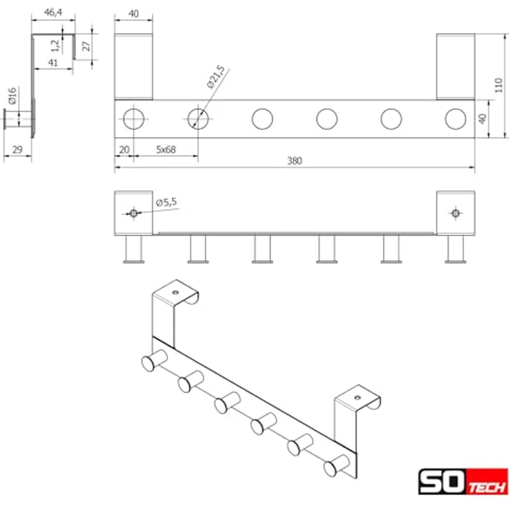 SO-TECH® Türgarderobe Garderobenleiste LINEA 380 x 110 mm, mit 6 Haken Türhaken, (1-St), Edelstahl matt gebürstet, für 40 mm Türen ohne Falz – Bild 7