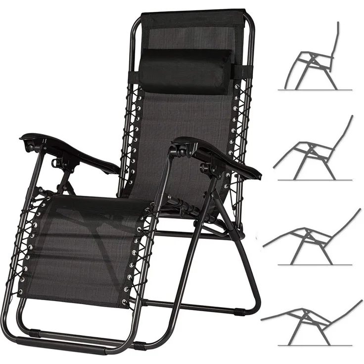 BAKAJI Stuhl Schwerkraft Zero Gartenliege Relaxsessel zusammenklappbar, platzsparend, Stahl 22 mm, neigbar, Stoff aus Texilene, atmungsaktiv, Meer und Strand, Außenpool (Schwarz)