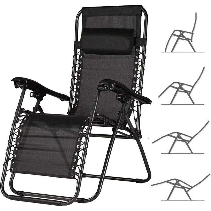 BAKAJI Stuhl Schwerkraft Zero Gartenliege Relaxsessel zusammenklappbar, platzsparend, Stahl 22 mm, neigbar, Stoff aus Texilene, atmungsaktiv, Meer und Strand, Außenpool (Schwarz)