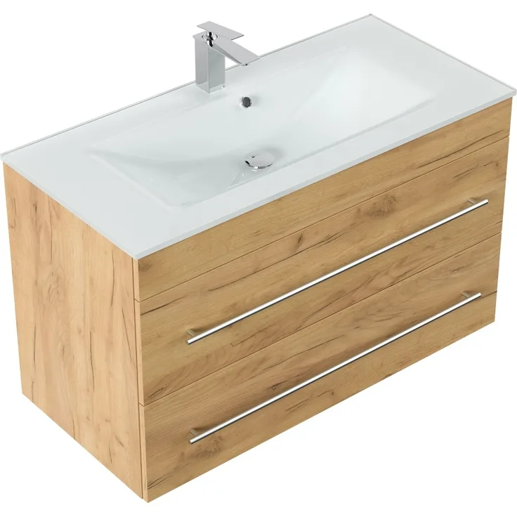 Magnolia Home 'Vitro 1000' mit Glaswaschbecken und Softclose, 60 x 45,5 x 100 cm, Eiche Gold