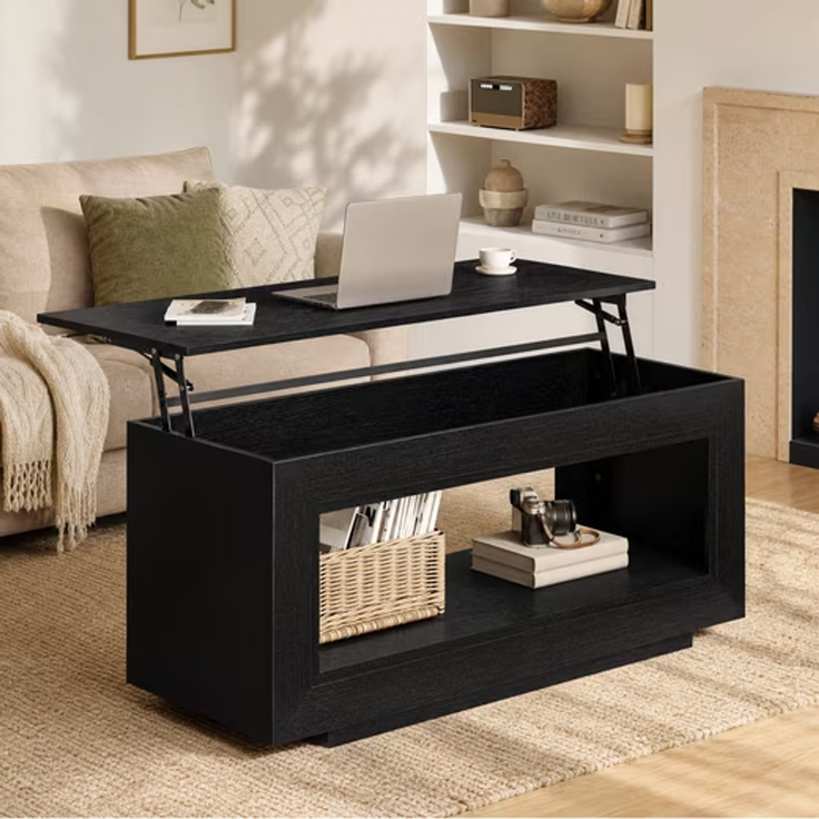 FABATO Multifunktionaler hebbarer Couchtisch mit Stauraum, aus Holz in Schwarz – ideal als Wohnzimmer-Mitteltisch