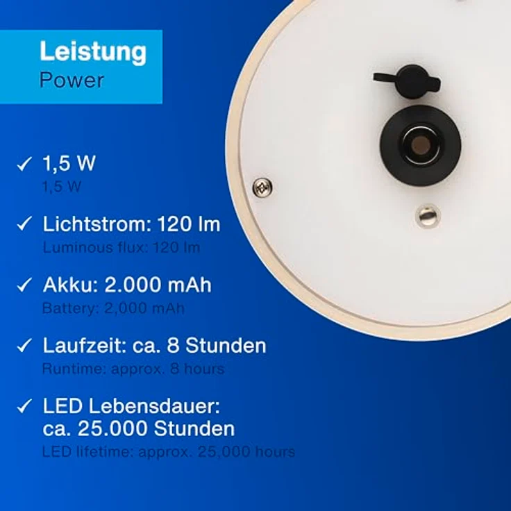 REV Pendelleuchte Akku - 120lm dimmbar 3 Farben, Timer 1-4h, höhenverstellbar (18-123cm), Hängeleuchte Wohnzimmer, Fernbedienung, Stoffschirm, beige – Bild 7