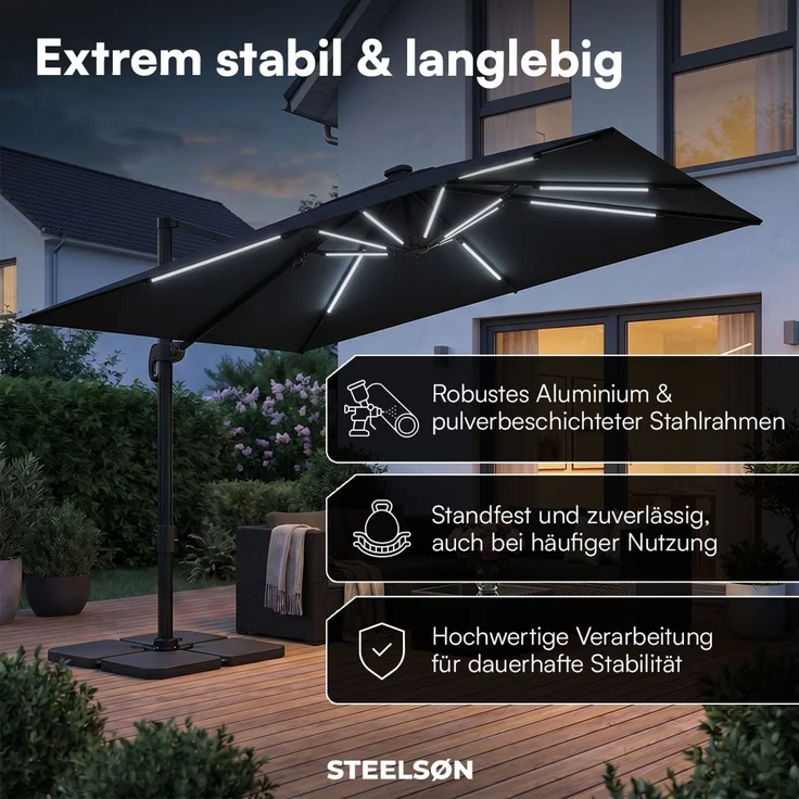 STEELSØN 'Lyrion' Sonnenschirm LED Solar 300x300 cm quadratisch, neigbar und 360-Grad drehbar, schwarz, Ampelschirm inkl. Abdeckung, UV50+ – Bild 7