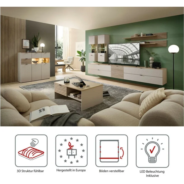 Stella Trading INA Wohnwand Komplett-Set in Kaschmir, Riva Eiche Optik FSC-Zertifiziert - Moderne Schrankwand 7-teilig mit LED-Beleuchtung für Ihr Wohnzimmer - 340 x 185 x 44 cm (B/H/T) – Bild 2