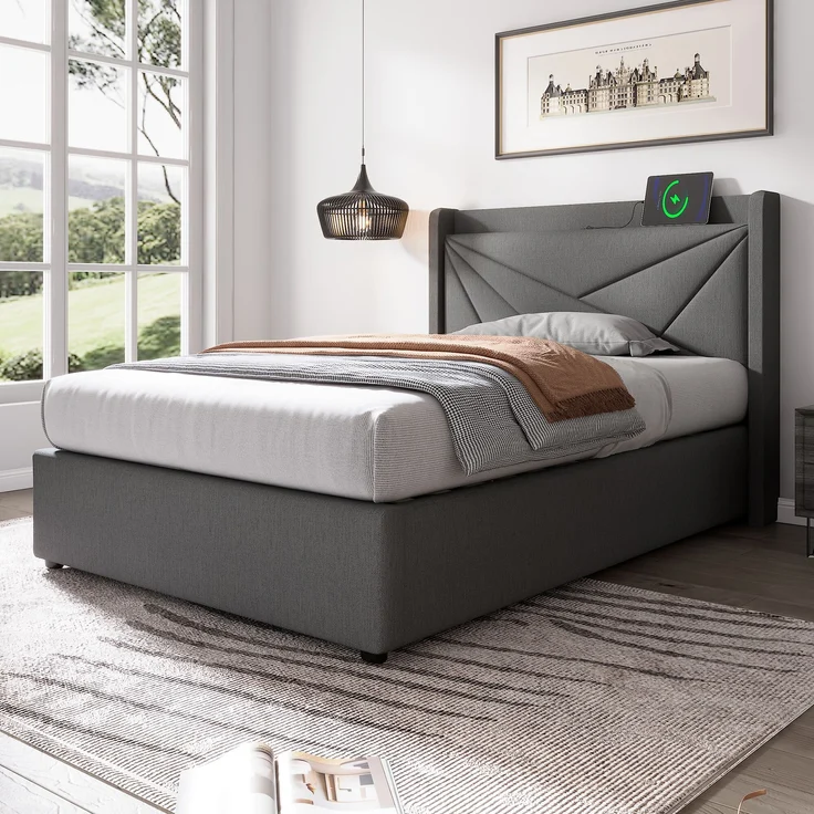 Polsterbett Baumwoll-Leinen mit Bettkasten & USB-Anschluss, 96x208x107 cm, Grau, ohne Matratze – Bild 3