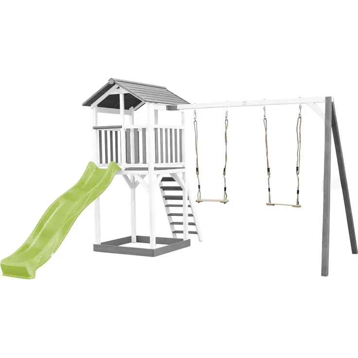 AXI Beach Tower Spielturm aus Holz in Weiß & Grau Spielhaus für Kinder mit hellgrüner Rutsche, Doppelschaukel und Sandkasten | Weiß, grau, hellgrün | Holz | 349 cm