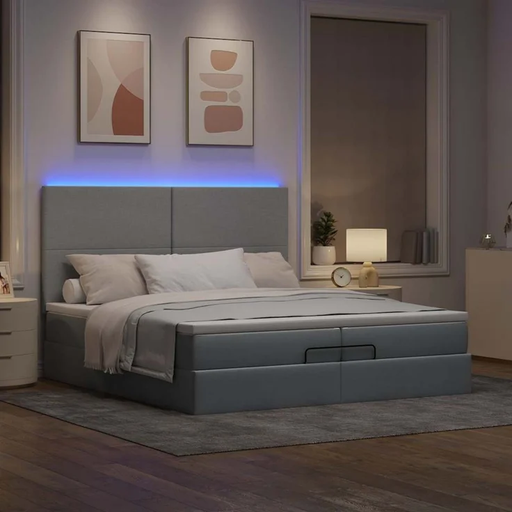 vidaXL Ottoman-Bett mit Matratzen & LEDs Hellgrau 200x200 cm Stoff 3313948 – Bild 3
