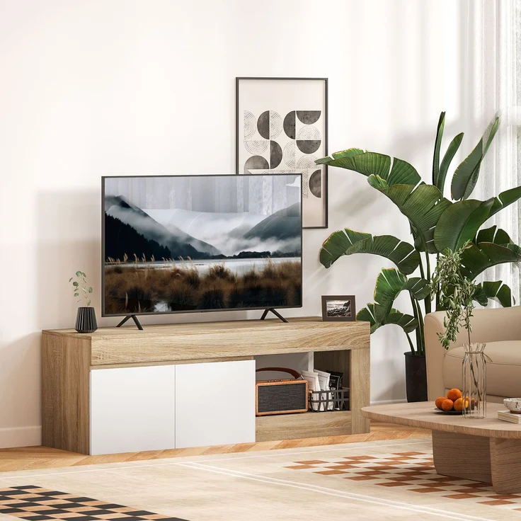 Moderner 60"-TV-Schrank mit 2 Türen und offenem Regal, 140 x 40 x 48 cm, Weiß und Holzoptik – Bild 10