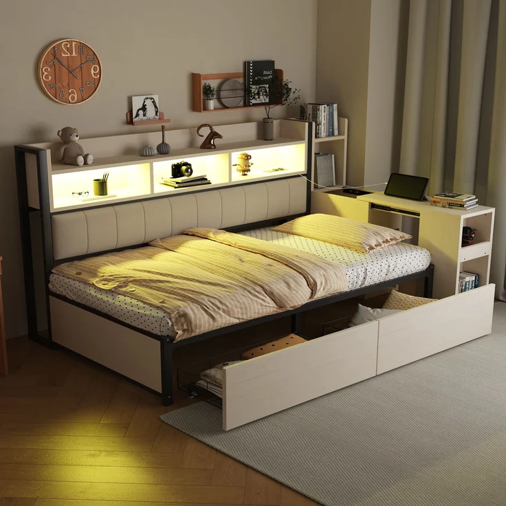 Bett 90x200 cm mit Stauraum und ausklappbarem Schreibtisch – Weiß, Metall & Holz – Bild 3