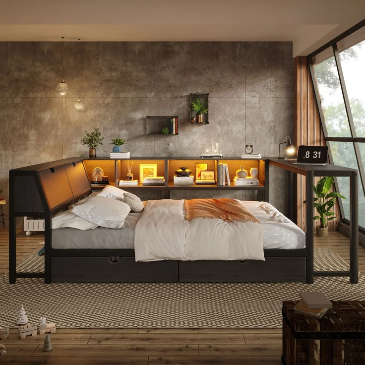 U-life Metallbett 140x200 cm, für Jugendliche, LED-Beleuchtung, Schreibtisch & Schubladen, Multifunktionales bett, MDF, Schwarz – Bild 3