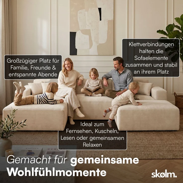 skølm 'Freki' Cloud Sofa 3 Sitzer mit 2x Hocker, Vollschaumcouch mit Federkern und Vakuum-Kompression, kein Aufbau erforderlich, mit 3 Kissen, Cord beige – Bild 2