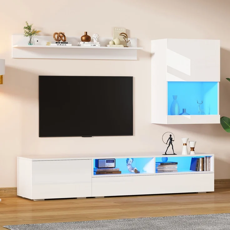 Wohnzimmermöbel 3 Set mit LED-Beleuchtung, TV Lowboard mit 2 offenen Fächern & 2 Türen,Wandschrank & Wandregal – Bild 5