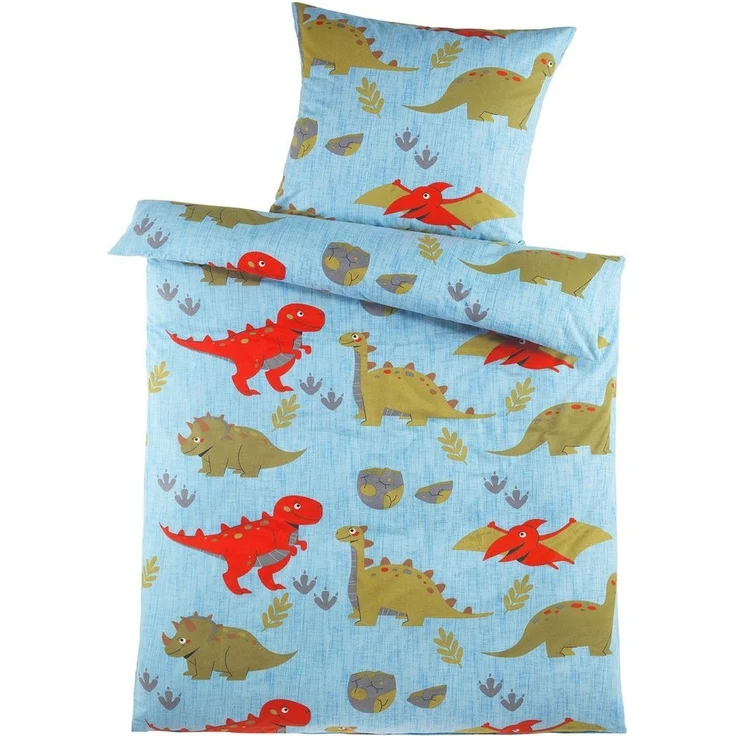 KH-Haushaltshandel Bettwäsche 2-tlg. Biber Motiv Winter Bettwäsche 135 x 200 +80x80 cm, Dinosaurier, Biber, 2 teilig, blau, mit farbigen Dinos, Baumwollmischgewebe flauschig weich und warm – Bild 3