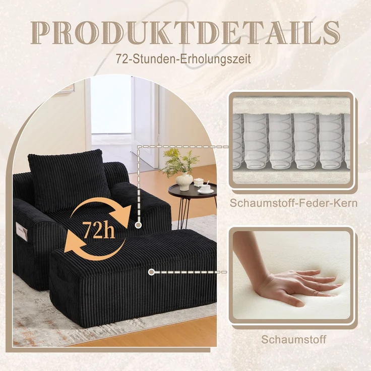 Sessel Cord mit Fußhocker, 147 x 110 x 67 cm,Relaxsessel mit Stauraumtaschen & Federkern, kein Aufbau,Schwarz – Bild 8