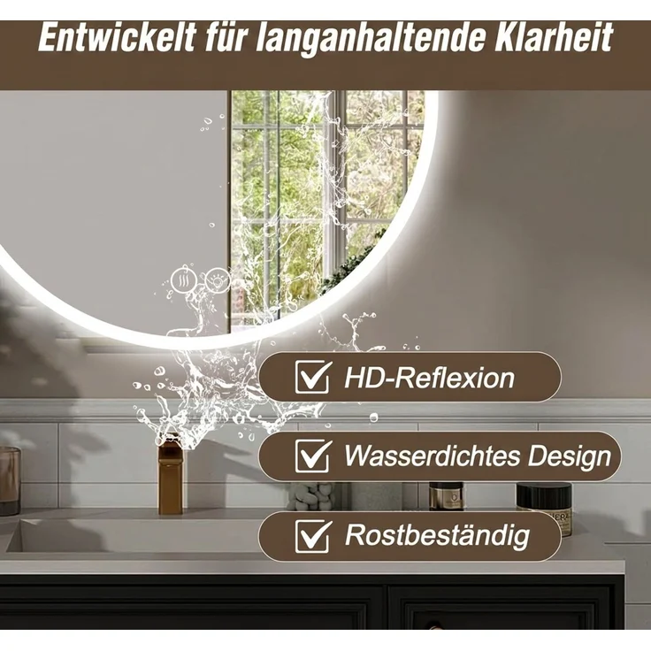 Abrihome LED-Badezimmerspiegel mit 3 Farbtemperaturen, Dimmfunktion und Anti-Beschlag-Funktion, Silber, Ø 80 cm – Bild 9